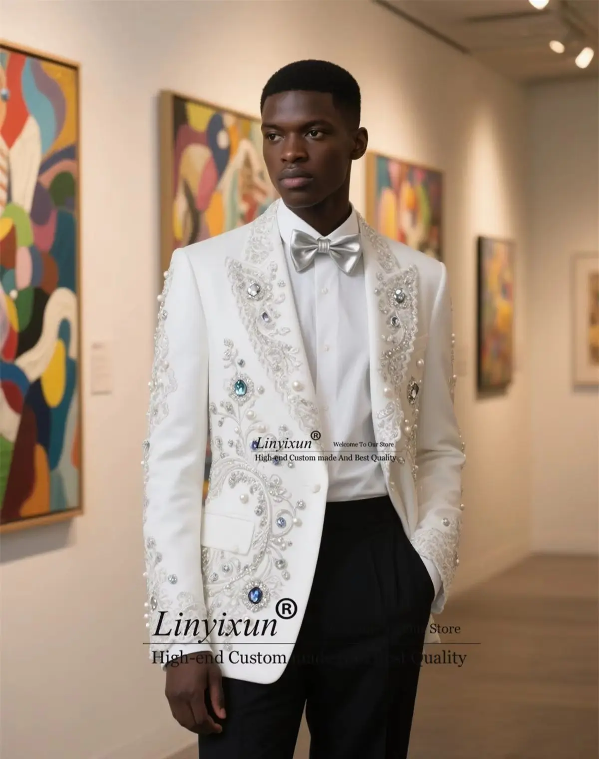 Sparkly Jewel Ornament Men Suit Customized Slim Fit Peaked Lapel Wedding Tuxedos 2 Pieces Sets Groom Male Blazer Ropa hombre