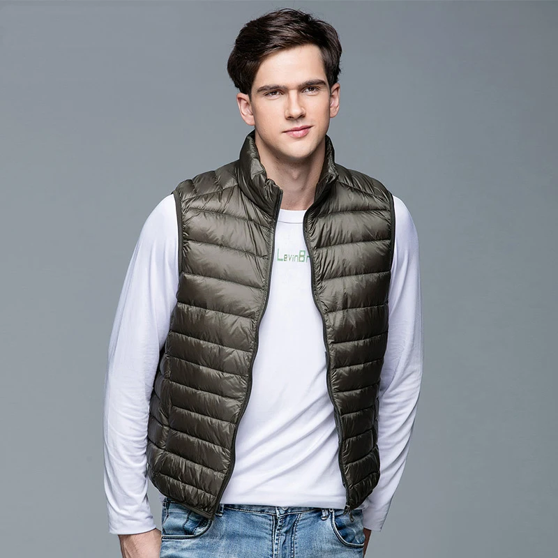 Chaleco ultraligero de plumón de pato para hombre, chaqueta portátil sin mangas, color blanco, invierno, 90%