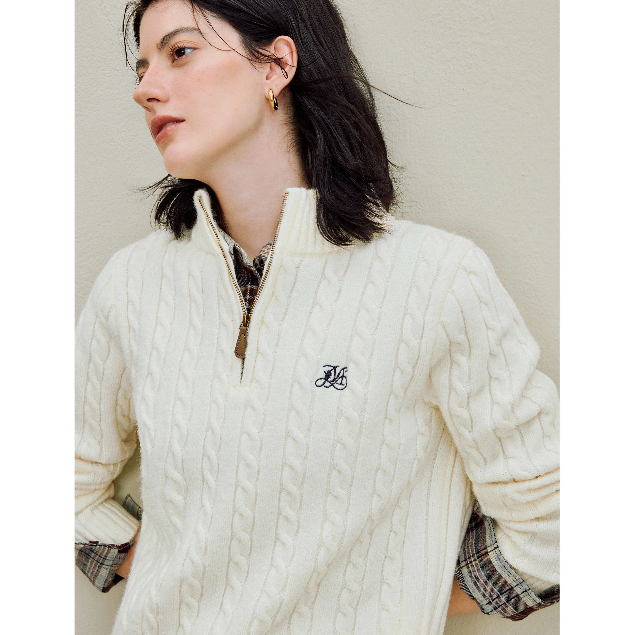 Inman feminino 2025 outono novo estilo francês silencioso luxo simulado pescoço camisola-pulôver de malha com zíper