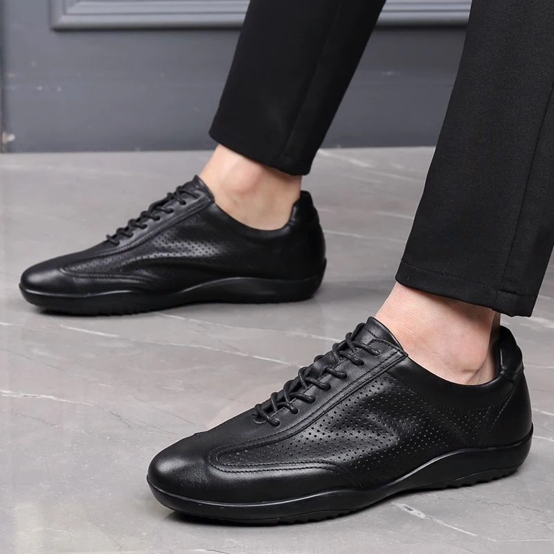 Genuine Leather Shoes Men Casual Luxury Sneaker Hollow Out Hole Summer Breathable Lightweight Flat Bean Shoe Elegant Driving