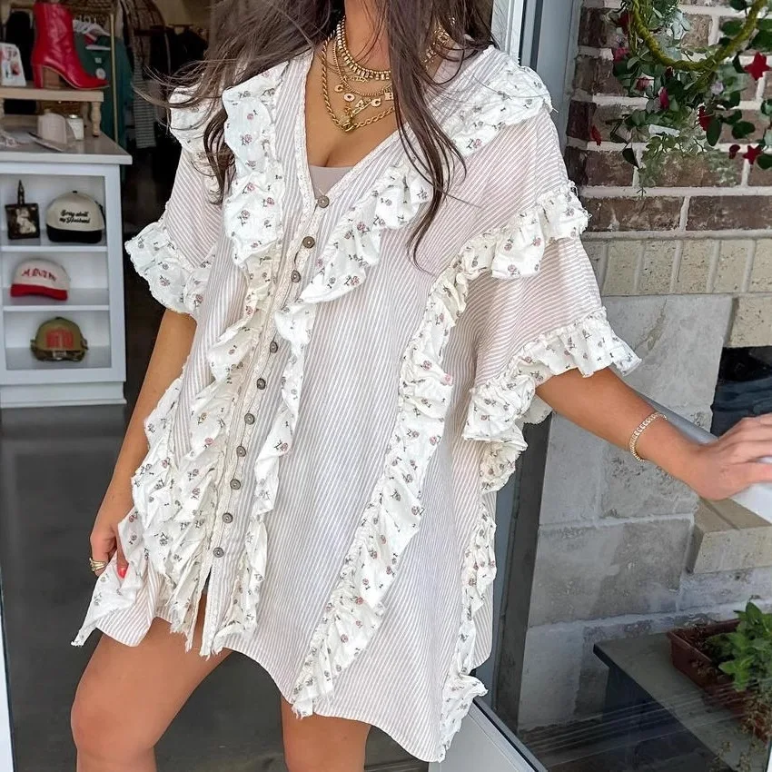 2025, dameskleding, patchwork, digitale print, V-hals, overhemd met korte mouwen