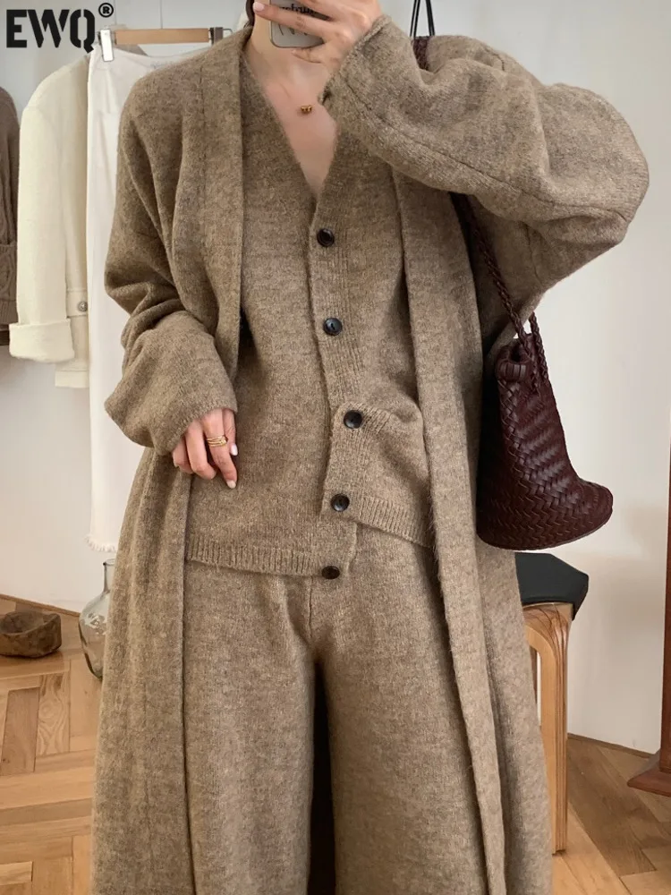 [EWQ] Thick Knited 3 Piece Sets Elegant Women Long Sleeve Sweater Coat+Single Breasted Knit Vest+Trousers 2024 Autumn Winter New