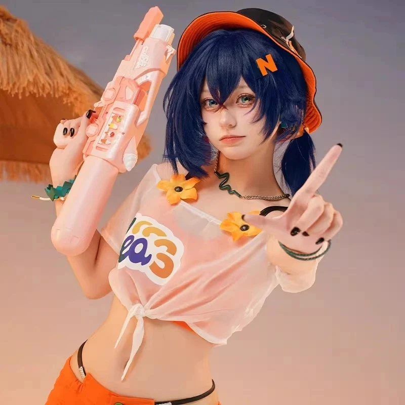 Disfraz de Cosplay de Belle Summer Skies, Traje de Baño Bikini Naranja Zenless Zone Zero, Conjunto Completo con Sombrero de Pescador para Mujer, Halloween