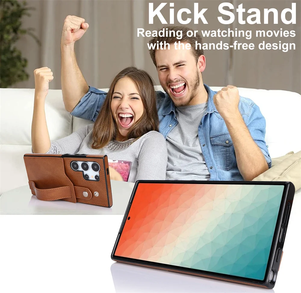 Portable Wristband Leather Case for Galaxy S25 Ultra S20 S22 S24 Plus S21 S23 FE S25 Edge RFID Blocking Card Holder Back Cover