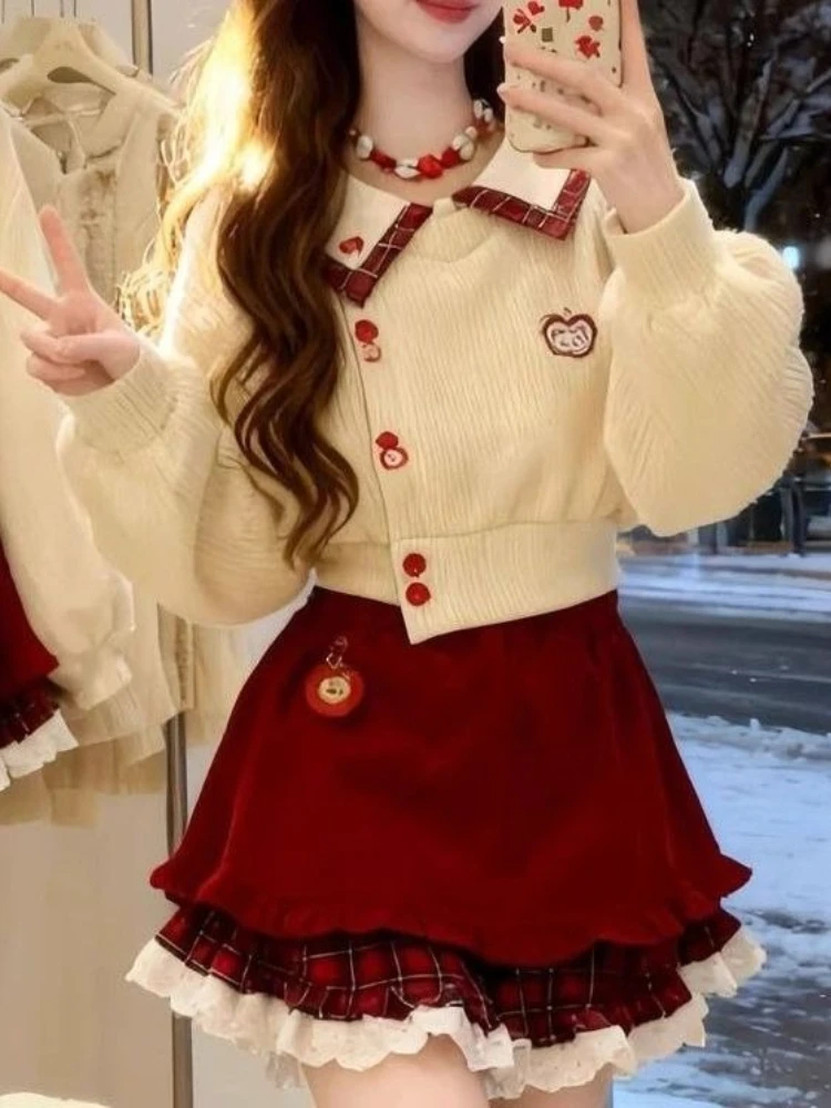 Elegante Mode Süße 2-Teiliges Set Frauen Schlank Stricken Laterne Hülse Kragen Top + Plaid Spitze Mini Rock Weihnachten party Chic Outfit