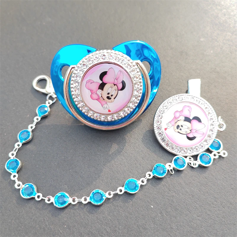 White Pearled Blue Rhinestone Handmade Minnie Mouse Luxury Fancy Dolls Pacifiers and Chain Holder with Cover Fake Dummy Soothers