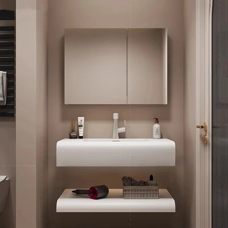 Moderne, schlichte Badezimmerschränke, Waschbecken, weiße Aufbewahrung, Schlafzimmer, Badezimmerschränke, Kosmetikspiegel, Armadi Aperti, Wohnmöbel