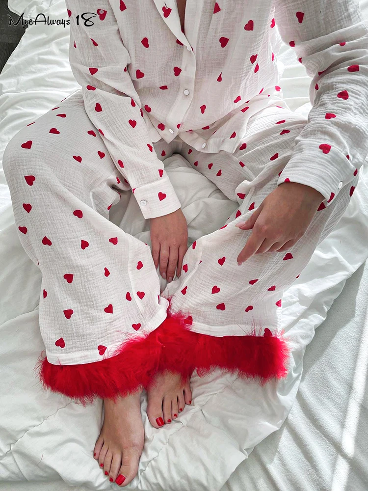 Mnealways18 Heart Printing Cotton Linen Pants Sets Homewear 2024 Fashion Patchwork Feathers Wide Legs Pants Crape Two Pieces Set