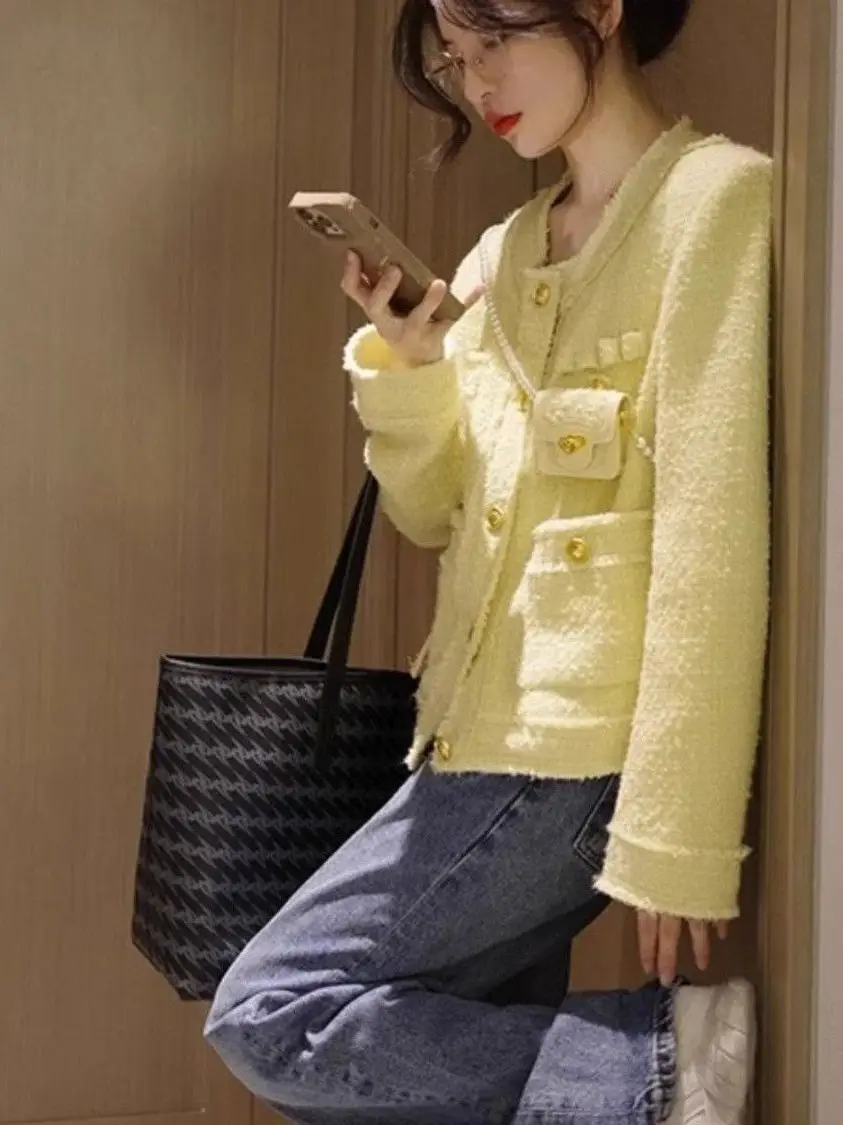 

Chic Early Spring Faion P Yellow ort Thin Ladies' Coat Ele Sle Commute Straight Tube Long Sve round Ne Button