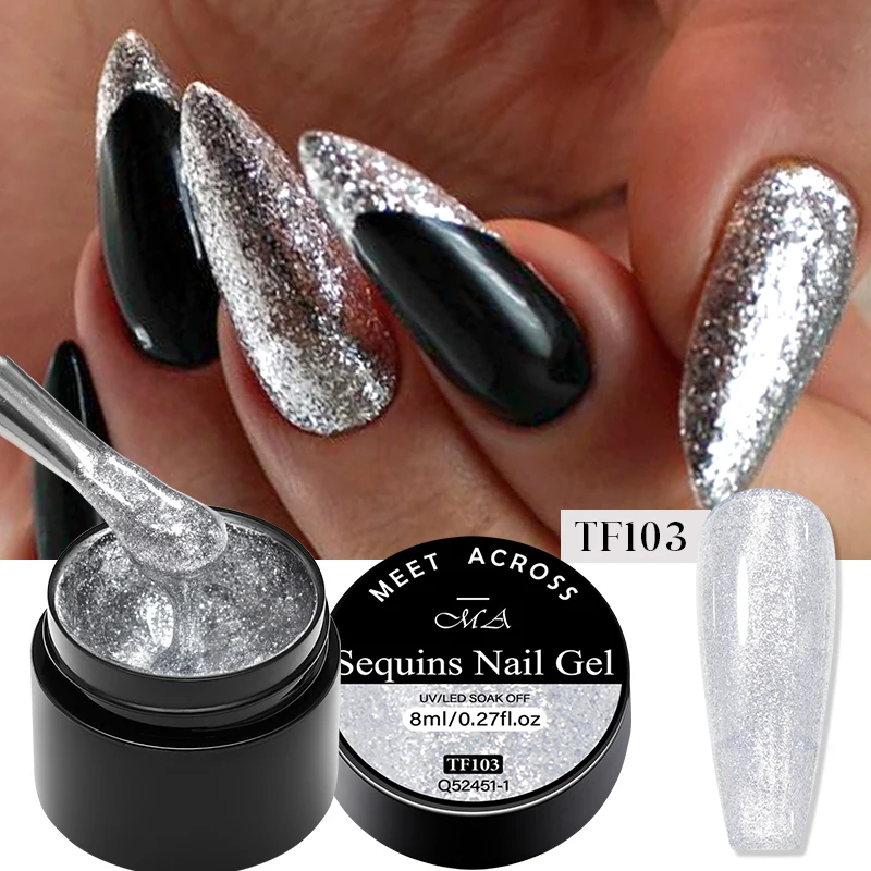 Incontra attraverso 8ml Glitter paillettes Gel smalto per unghie lucido argento scintillante platino rosa Semi permanente Nail Art Gel Manicure