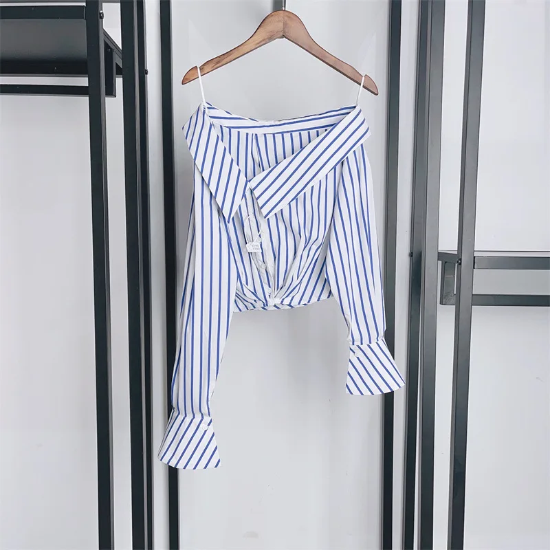 Women's Sets Slanted Shoulder Striped Short Shirt or Diamond Decorative High Waist Jeans 2024 Spring New Ladies Fashion Suit