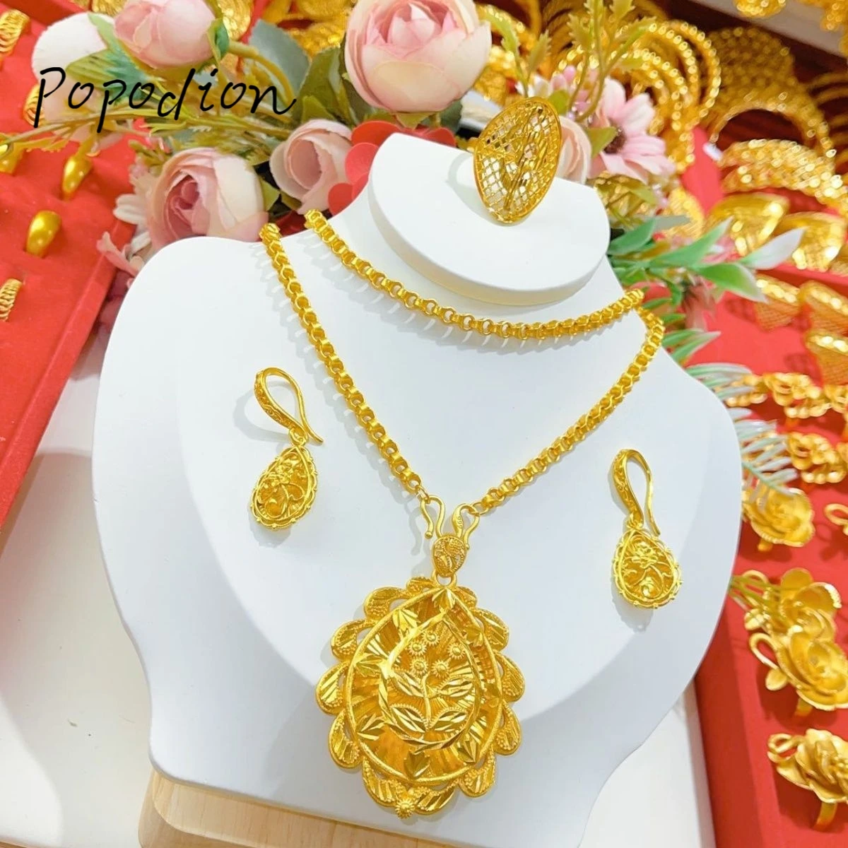 Popodion  jewelry for woman New 24K Gold Plated Dubai Necklace Earrings Ring Jewelry Three Piece Set YY10306