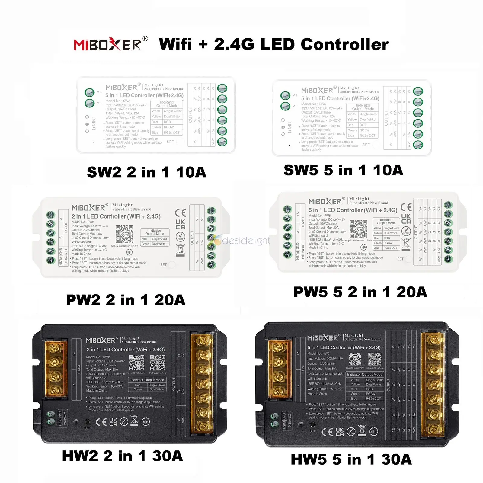 Miboxer WiFi+2.4G LED Controller SW2 PW2 HW2 2IN1 SW5 PW5 PW5 5IN1 12A 20A 30A Tuya APP Music Voice Control