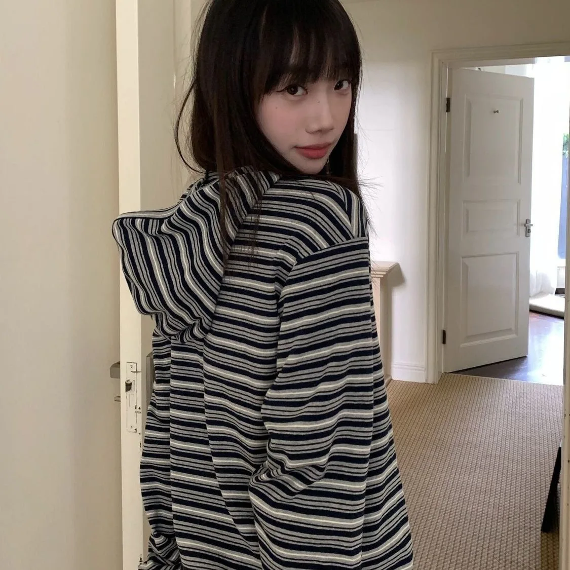 2026 Women Striped Hooded Pullover Knit Top Loose Casual Long Sleeve Sweatshirt Early Autumn Atmospheric Fashion Relaxed