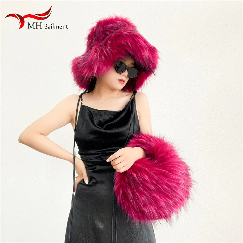 Women Winter Faux Raccoon Fur Formal Hat And Bag Set Female Luxury Furry Fur Handbag Fashion Warm Ear Protection Hat For Women