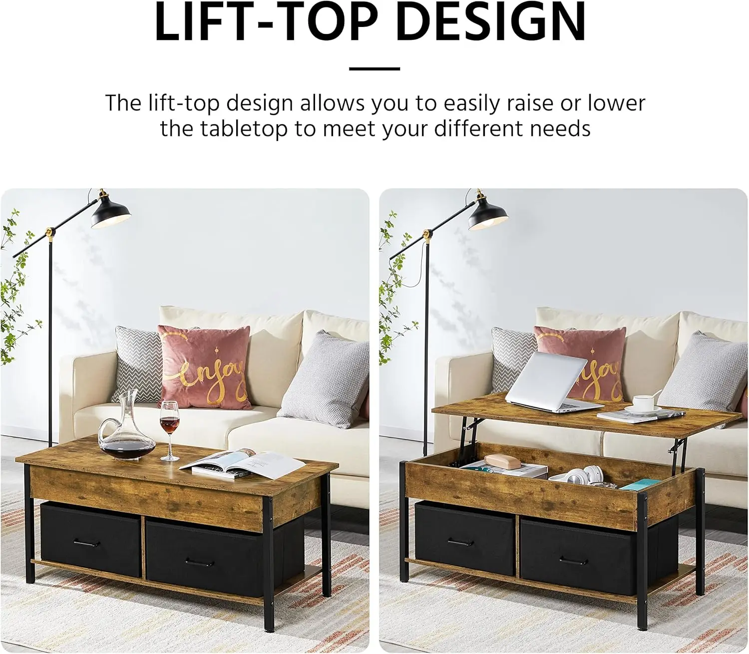 Topeakmart Lift Top Coffee Table With Hidden Compartment, Separated Open Shelves And 2 Fabric Storage Baskets, Modern Central