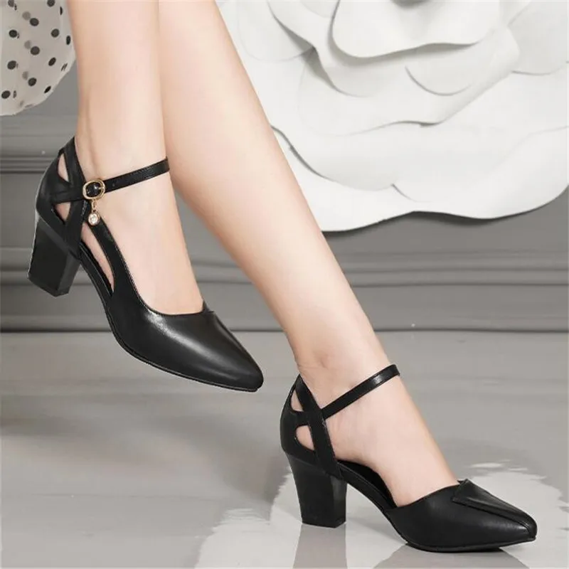 Women Shoes Pointed Toe Pumps Solid Color Sandals Female Summer New Baotou One-word Buckle Thick Heel Ladies Comfortable Shoe