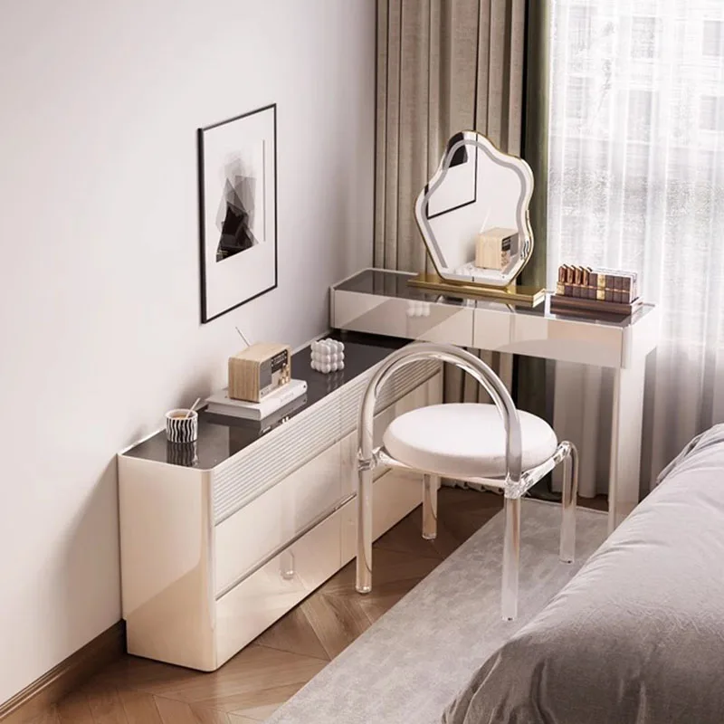 

White Bedroom Dresser Cabinet Modern Minimal Wood Modern Drawer Makeup Table Vanity Mirror Lights Toaletka Bedroom Furniture