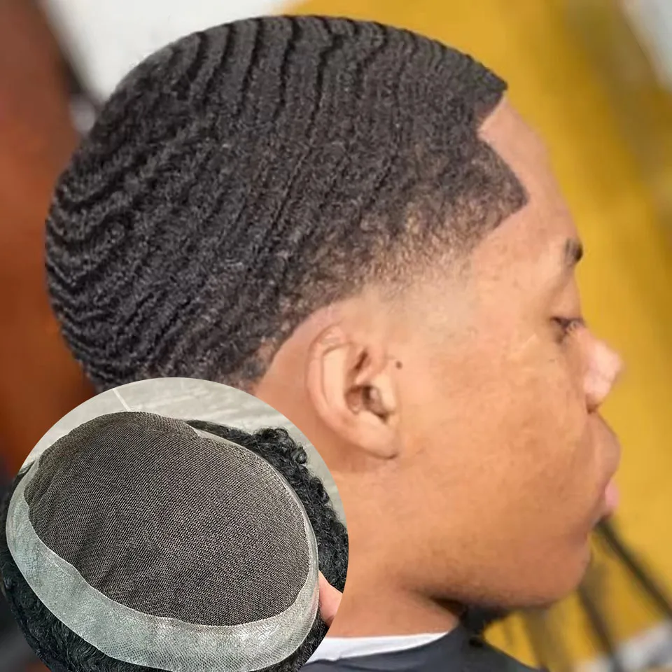 

10 мм глубокая вьющаяся волна дышащая австралийская невидимая тонкая кожа PU и кружевной протез из человеческих волос капиллярный афро черный мужской вьющийся парик