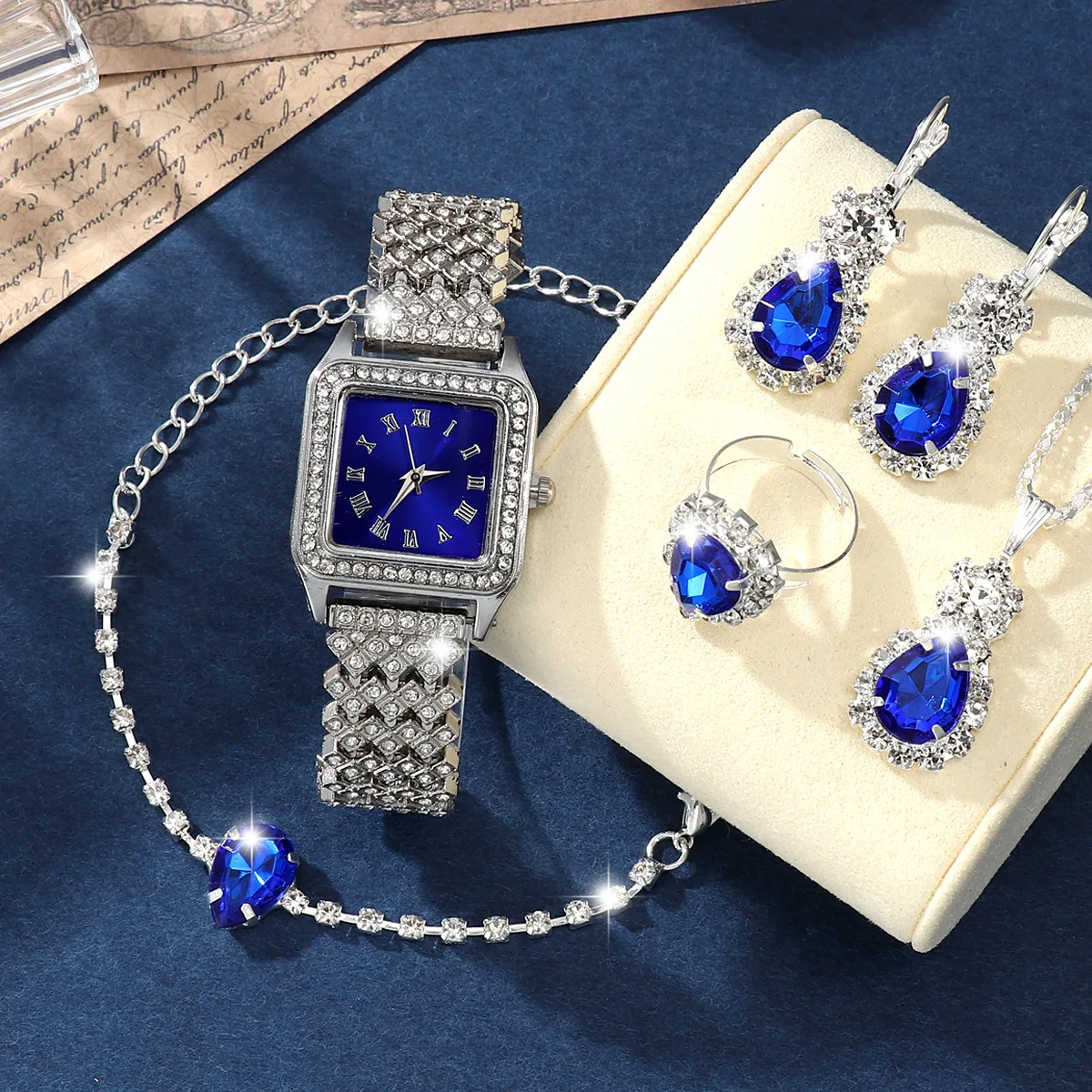 

Изысканные женские часы с арабскими цифрами, 5 шт., набор ювелирных изделий со стразами, красочные бриллианты, римские цифры, кварцевые наручные часы