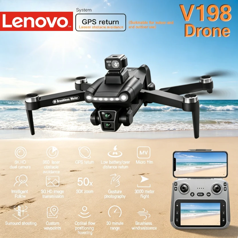 레노버 V198MAX GPS 접이식 미니 드론 8K 카메라 5G WIFI FPV 브러시리스 광학 흐름 레이저 장애물 회피 RC 쿼드콥터 드론