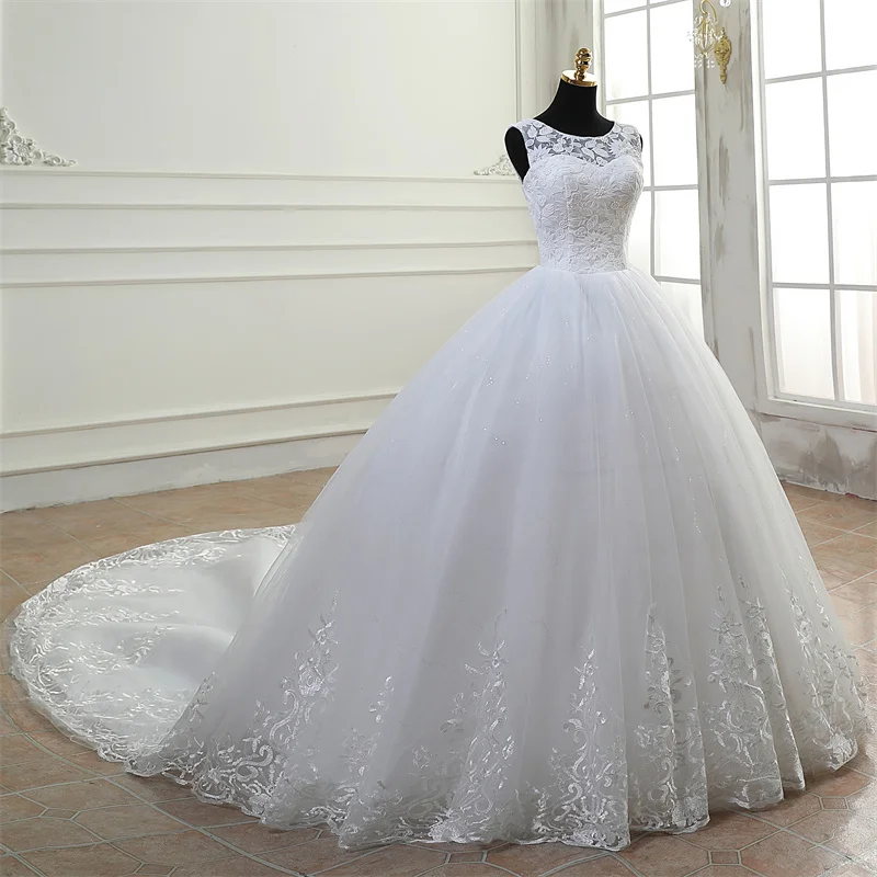 Y&M Novias O Neck Cheap Vestido De Noiva Off White Wedding Dress Train or Floor Custom Made Plus Size Bridal Tulle Mariage