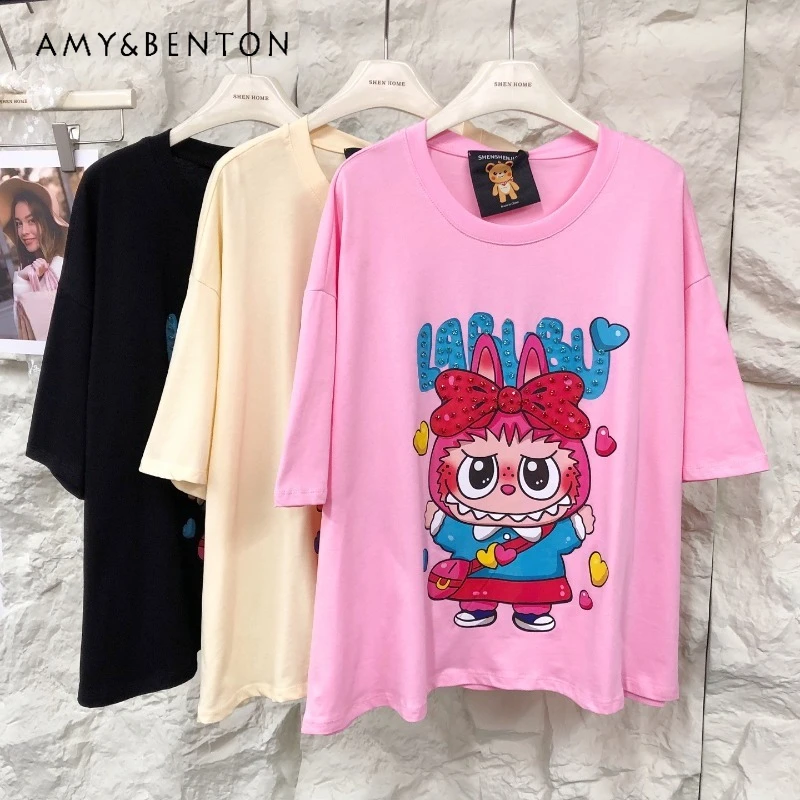 

European American Style Loose And Fashionable Tshirt Handmade Diamond-encrusted Printed Customized O-neck Short-sleeved T-shirts