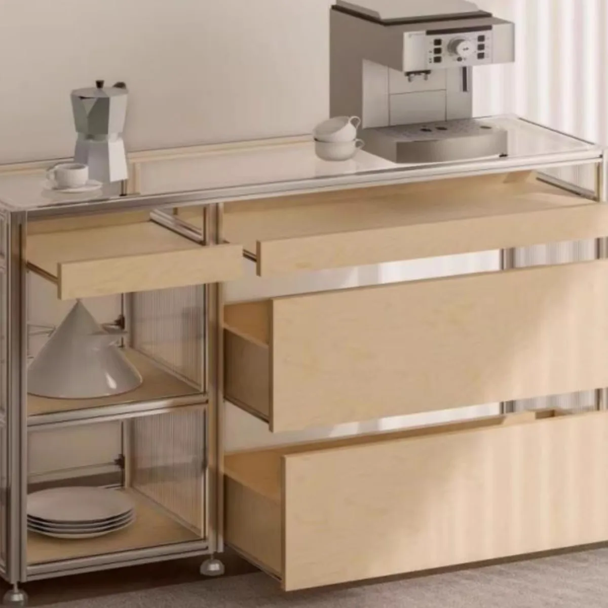 Birch ocean board dining side cabinet light luxury aluminum profile storage cabinet living room bedroom with drawers storage