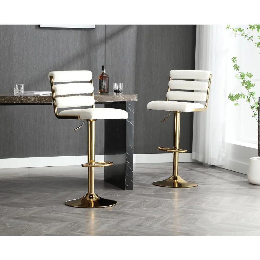 طقم كراسي بار مخملية حديثة مكون من قطعتين باللون الأبيض مع قاعدة ذهبية قابلة للتعديل بارتفاع 25.534 بوصة بسعة وزن 300 رطل كريمي #2