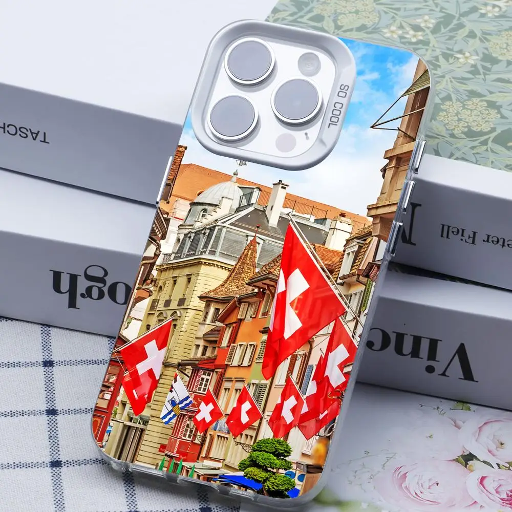 سويسرا العلم قضية الهاتف المحمول آيفون 17 16 15 14 13 12 11 X XR XS 8 7 برو ماكس زائد غطاء أبيض شفاف غطاء فاخر