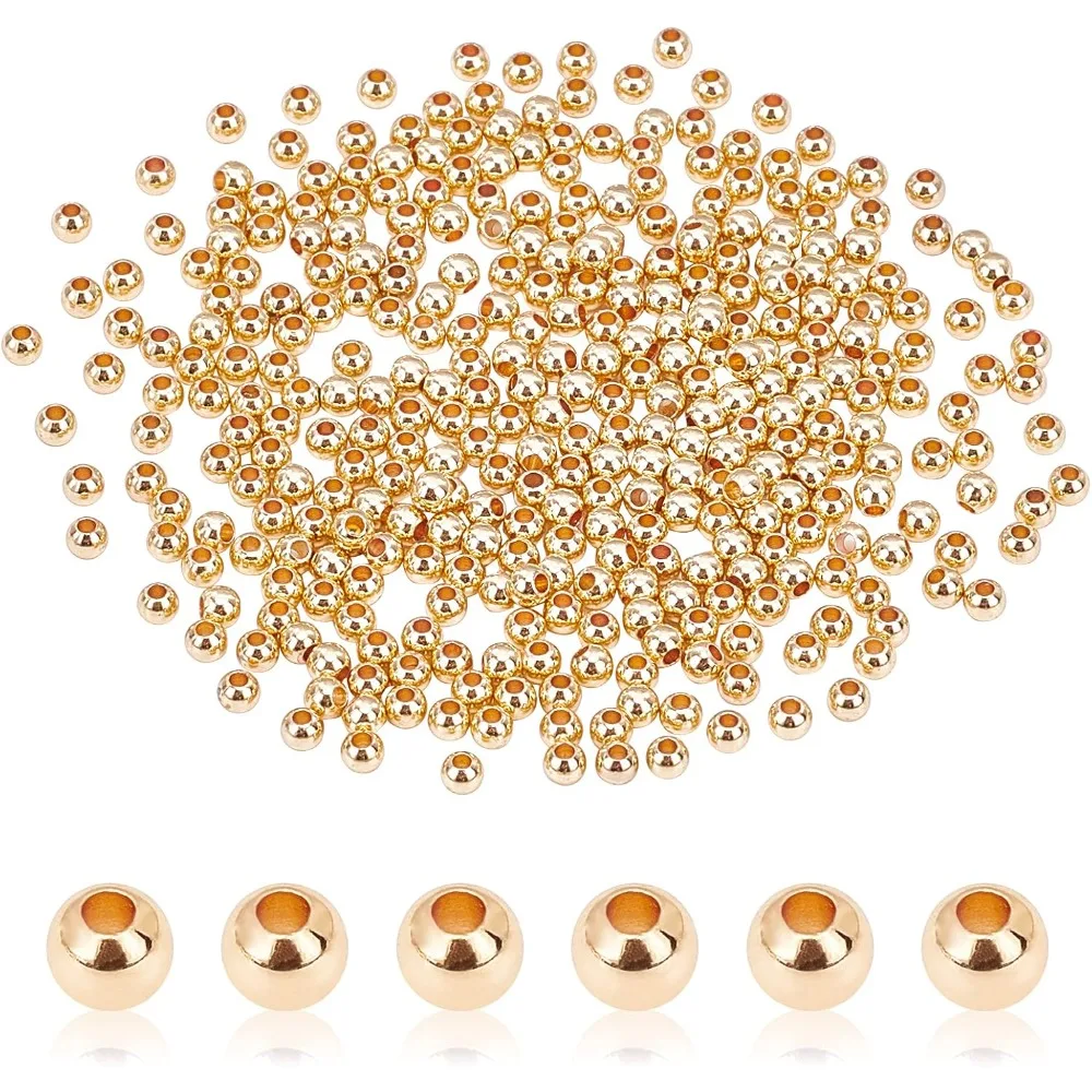 

3mm 14K Gold Plated Spacer Beads 300pcs Mini Smooth Round Beads Seamless Ball Bead Small Metal Brass Loose Bead for Summer