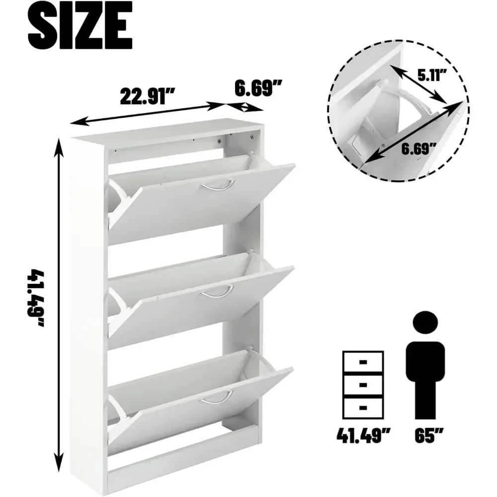 Shoe Cabinet Storage for Entryway, Flip Down Shoe Rack Wood 3 Tier White Shoe Organizer