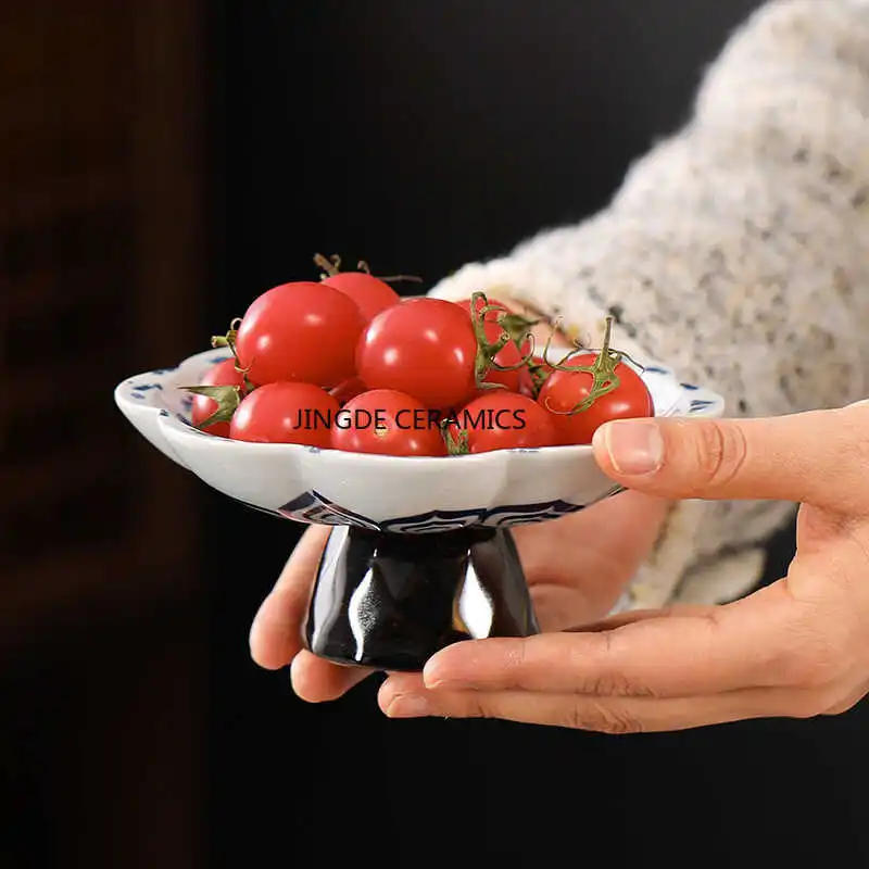 1pc Chinese Ceramic High Foot Plate Key Storage Tray Ancestral Hall High Foot Plate, Household Sacrificial Fruit Platter