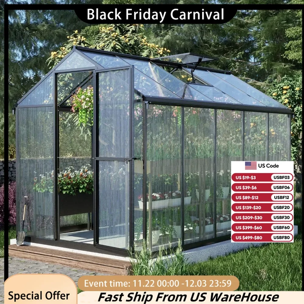 6' x 10' Walk-in Polycarbonate Greenhouse with Heavy-Duty Aluminum Frame, 2 Vent Windows & Lockable Door for Outdoor, Patio