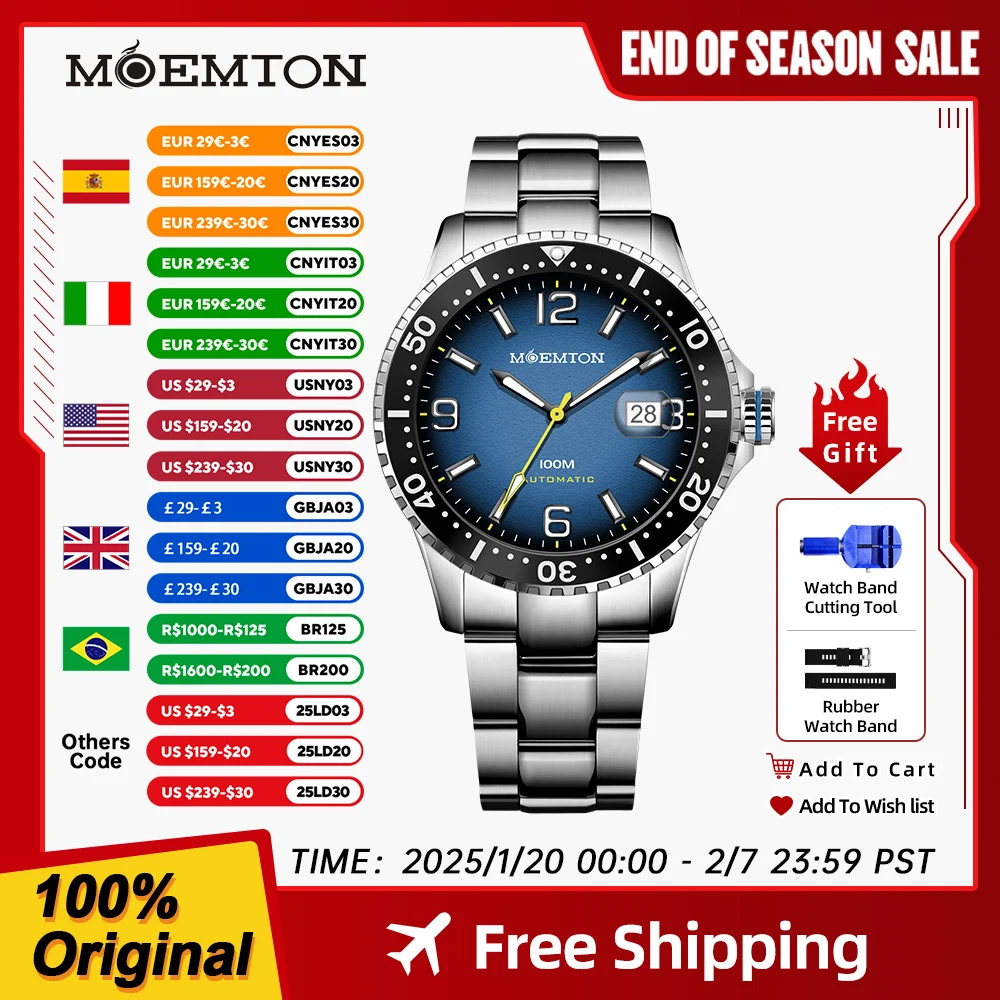 

MOEMTON Men Mechanical watch Luminous Sapphire Steel strip 10bar Waterproof diving sports watch Japanese movement Wristwatch