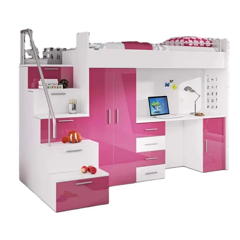 Hot Sales pink Children's Bedroom Bunk Bed Kids Wood Loft Furniture Set With Study Table and Desk