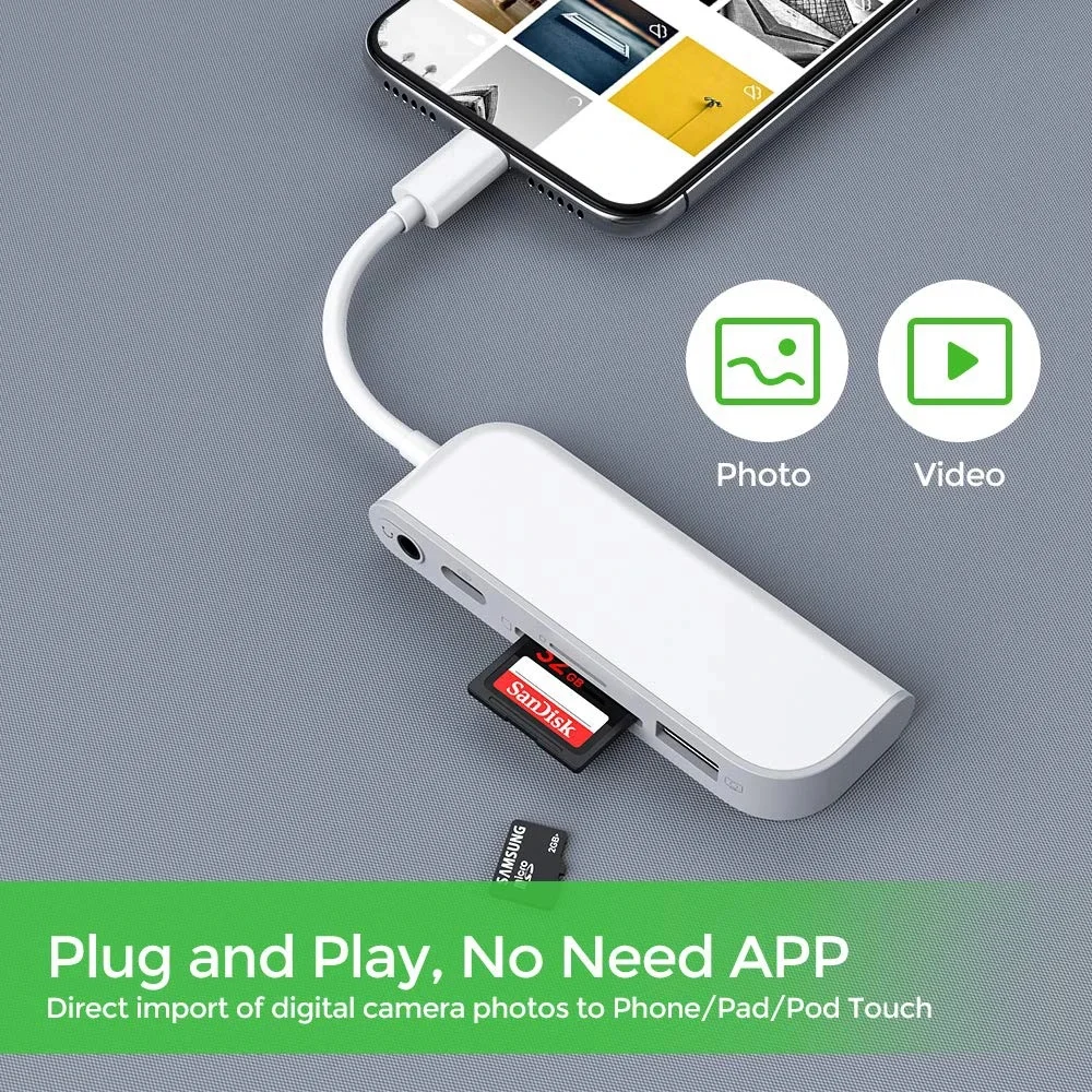 SD TF Card Reader USB to Lightening Adapter 5 in 1 Card Reader Adapter with 1*USB 2.0 OTG Interface SD/TF Card Reader 1* PD