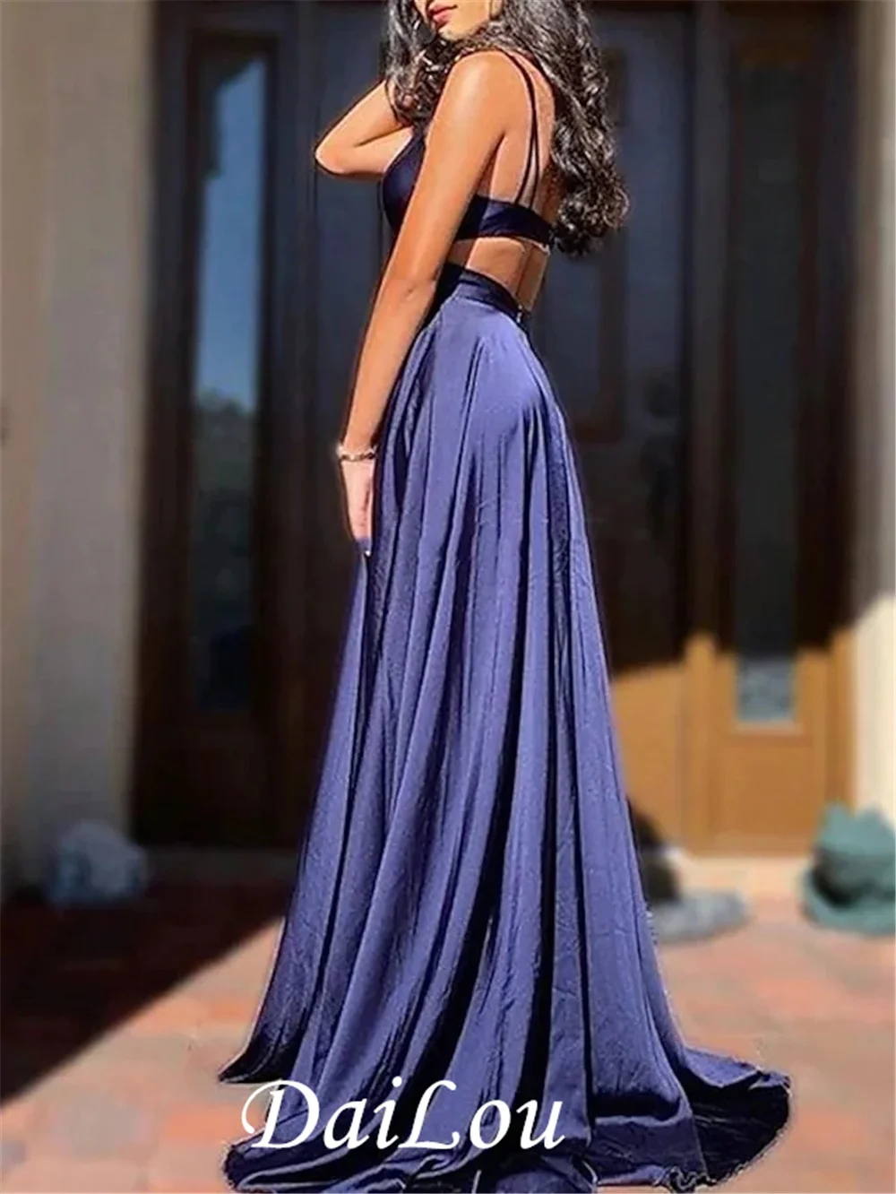 Robe de soirée de bal en forme de sirène/trompette, dos ouvert, fente haute, col en V, sans manches, traîne de balayage, Charmeuse avec fente, couleur Pure