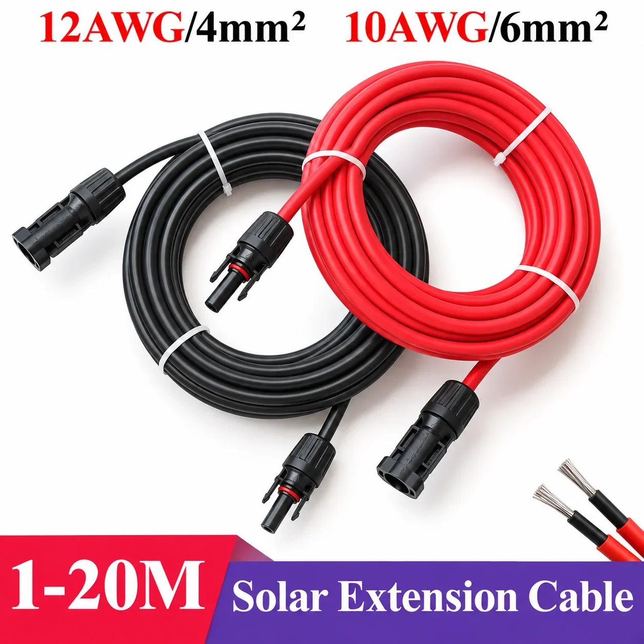1 Pair Solar Panel Extension Cable 12AWG 10AWG 4mm2 6mm2 Red Black PV Wire Male Female Connectors for Solar Power System 1-20m