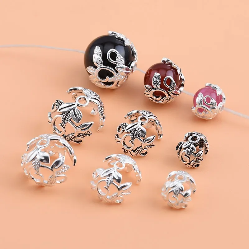 S925 sterling silver DIY bracelet accessories old-fashioned Retro  all inclusive Receptacle plain silver flower bag beads