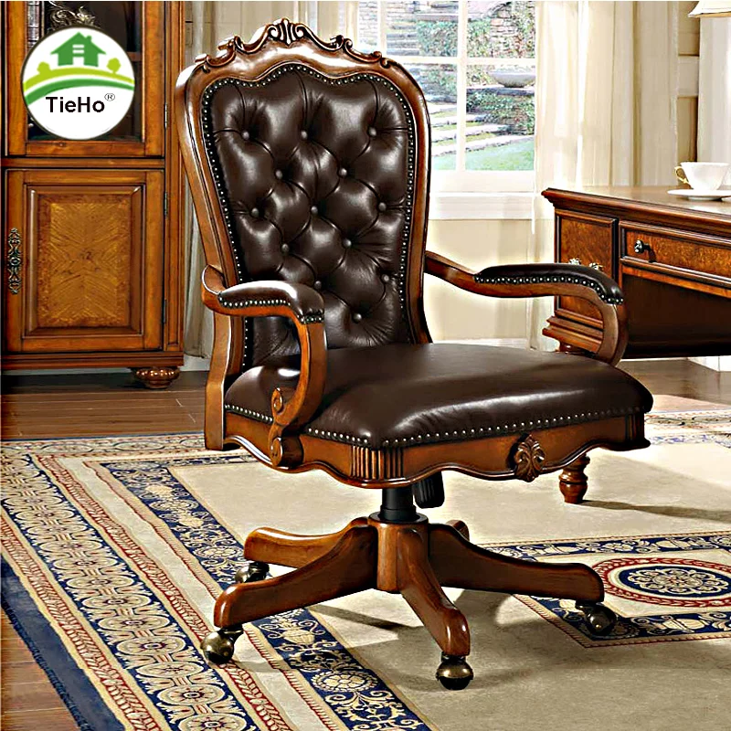 American Style Genuine Leather Lifting Chair Swivel Solid Wood Vintage Computer Chair Adjustable Office Chairs Silla Gamer