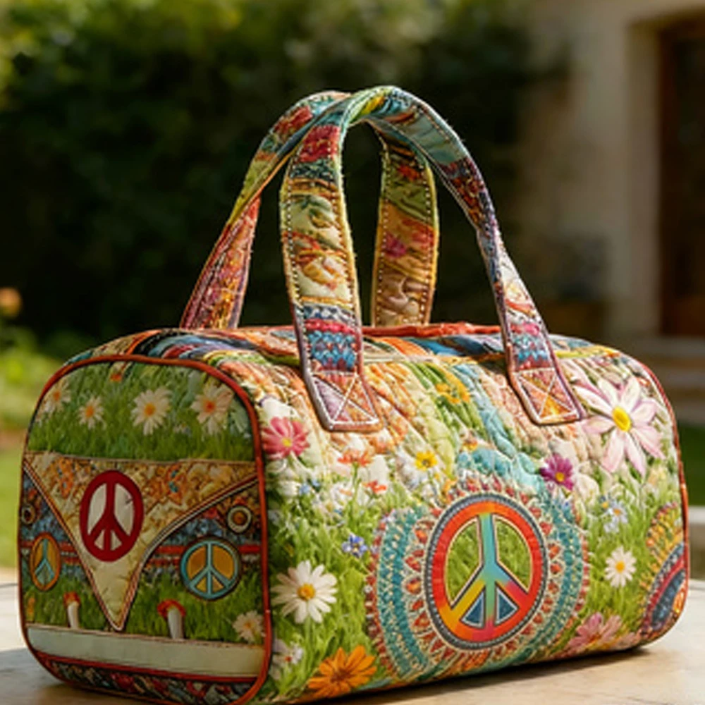 Sport Quilted Duffle Bag Hippie Style Peace Sign Floral Wildflower Print Travel Tote Handbag Women Men Weekender Bag