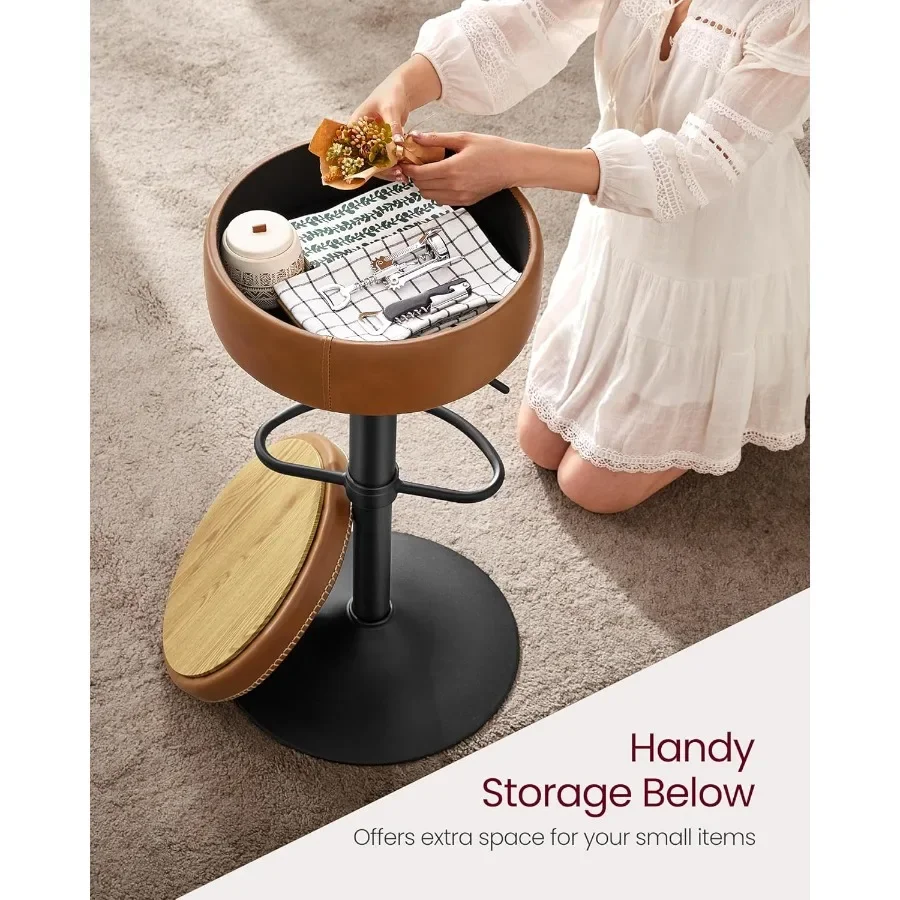 360 °   مقعد مرتفع للمطبخ، ارتفاع قابل للتعديل مع رف تخزين، خياطة جلدية صناعية بنية اللون