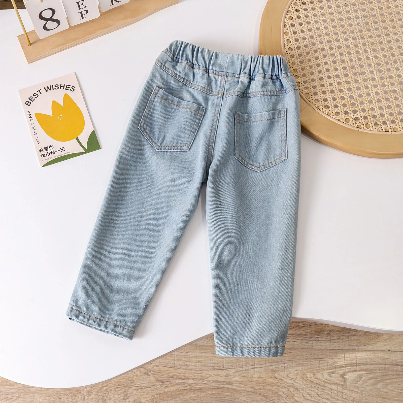 Girls Casual Straight Leg Jeans Kids Daily Wear Elastic Waist Soft Pants Toddler Outfit Cute Embroidered Rolled Hem Trousers