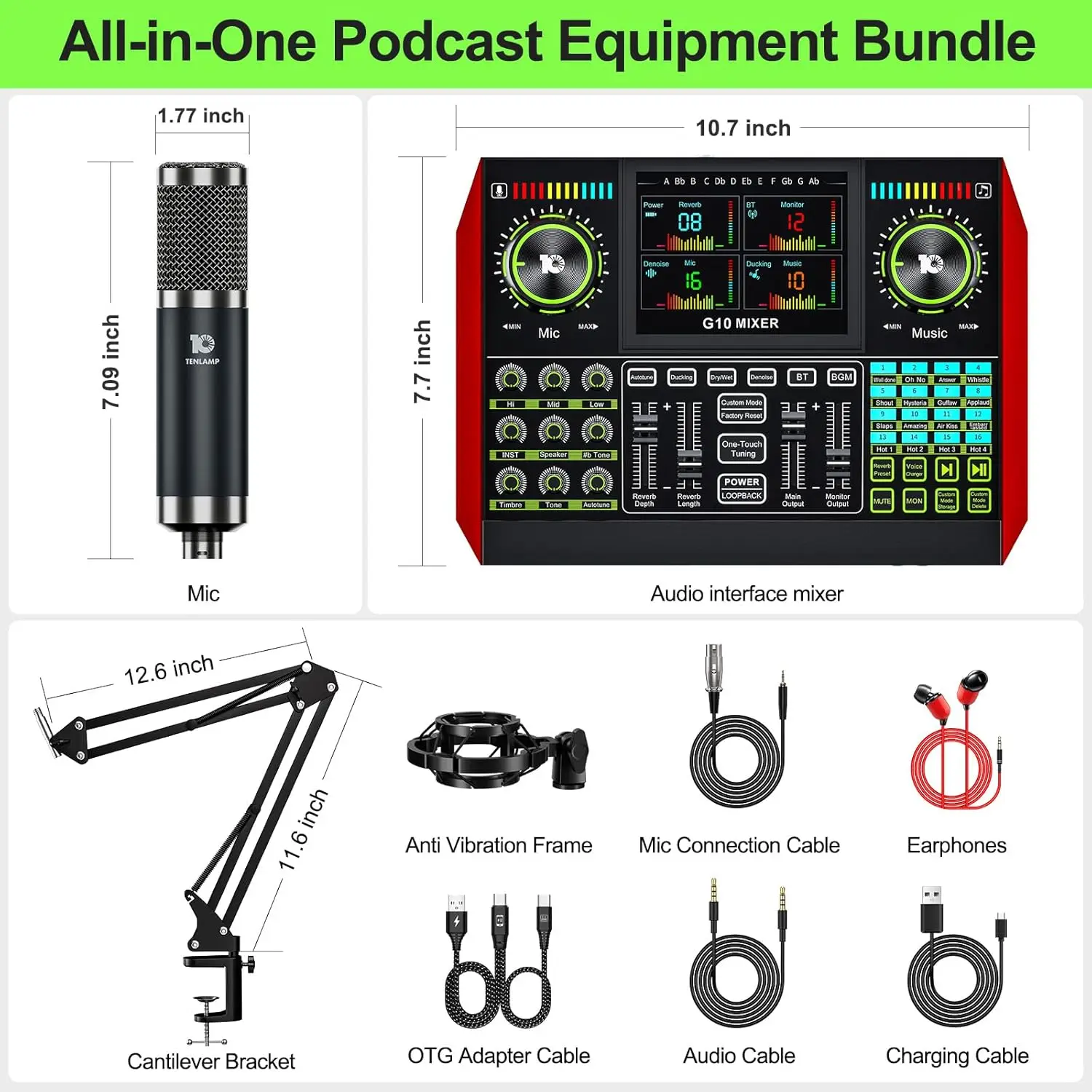 Tenlamp G10 Live Streaming Audio Interface Gaming Audio Mixer, Podcast Equipment with 3.5mm Condenser Mic,Sound Card for PC/Phone Podcast Recording, Voice Changer, Denoise,Phantom Power,Reverb，Music Power Conditioner Karaoke Machine view 8