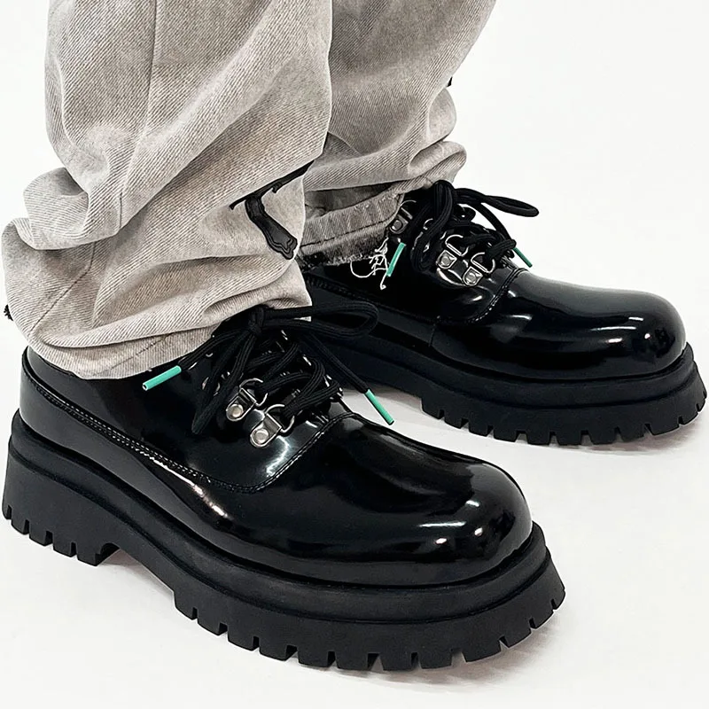 

men fashion wedding party dress platform shoes lace-up patent leather oxfords shoe black stylish square toe sneakers footwear