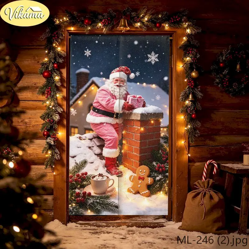 VIKAMA Pink Santa & Sleigh Door Curtain, 6 Designs, Polyester Noren Doorway Cover for Home