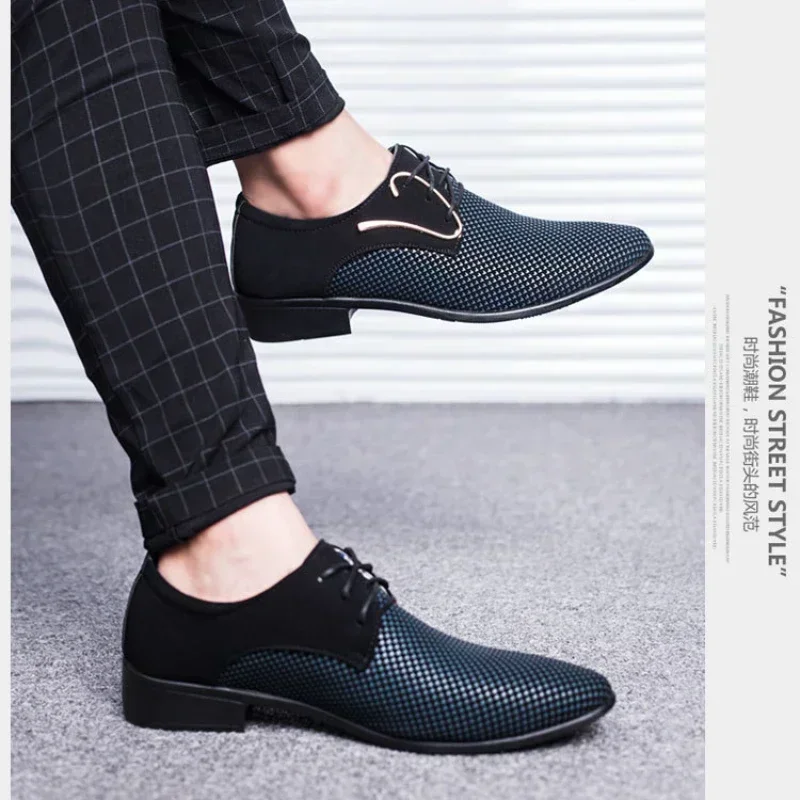 Concise Mens Shoes Men\'s Business Dress Pointy Plaid Black Shoes Luxury Formal Wedding Shoes New Working Zapatos Para Hombres