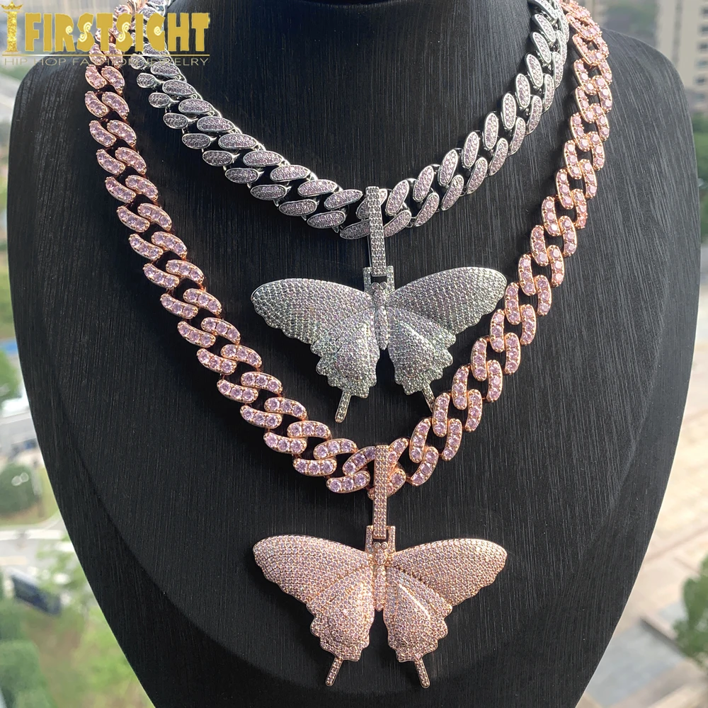 

New Iced Out Butterfly Pendant Necklace for Men Women 12MM Cuban Chain Prong Setting Pink Cubic Zirconia Charm Hip Hop Jewelry