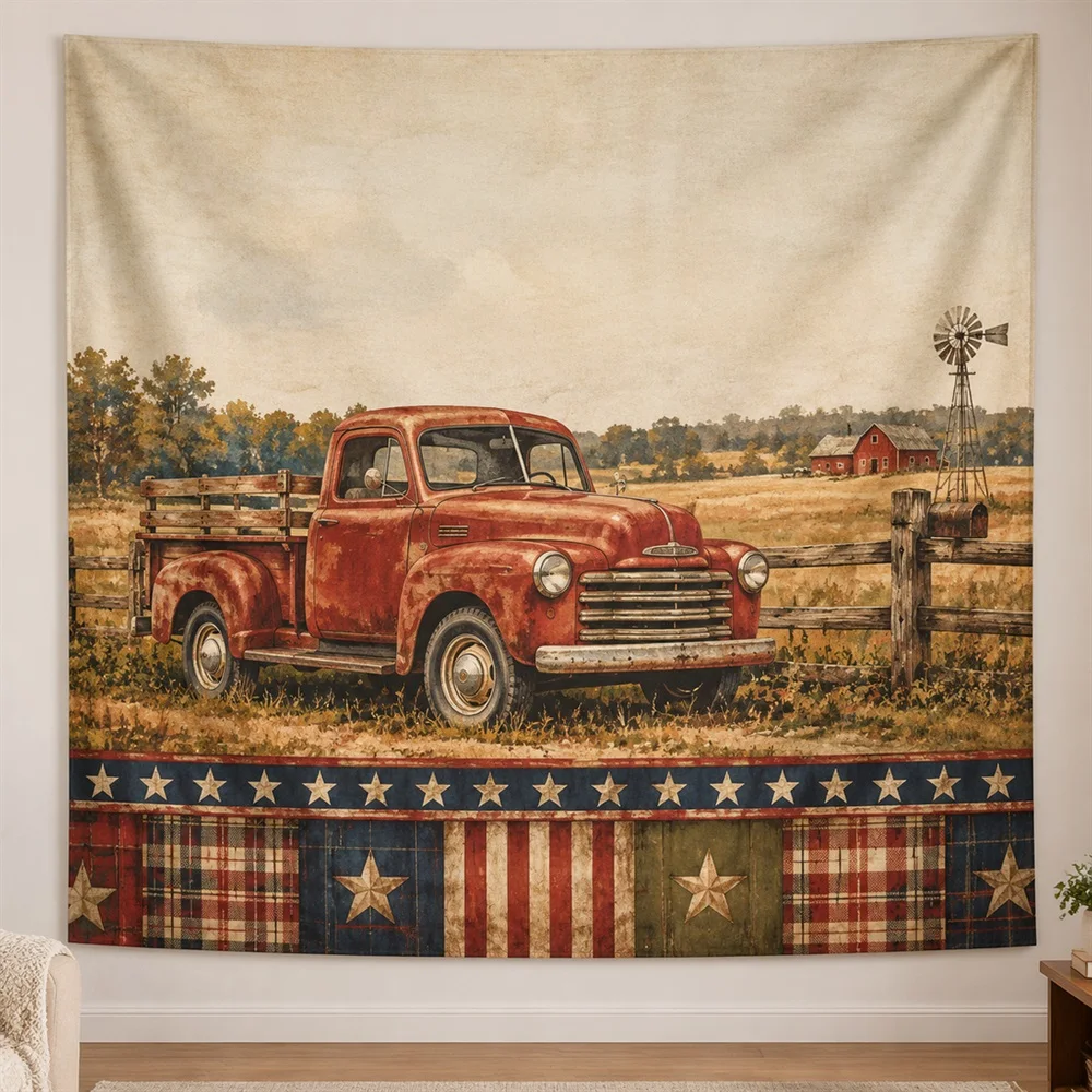 VIKAMA Vintage Pickup Truck Layered Bands Tapestry Wall Hanging, American Wall Decor Tapestries for Study Living Room Bedroom